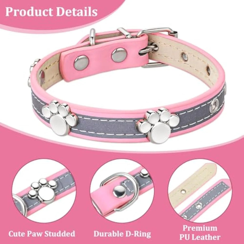 Reflective adjustable dog collar in soft PU leather with paw-shaped metal rivets