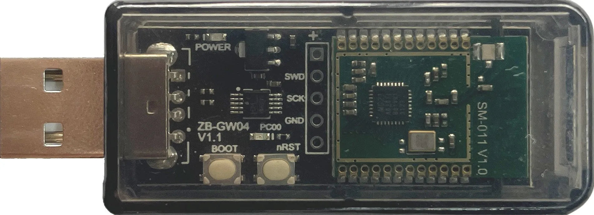 Silicon Labs EFR32MG21 Zigbee USB dongle in a plastic shell for Home Assistant integration.