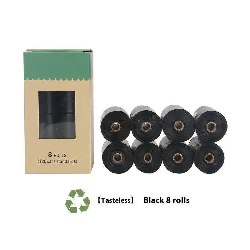 Rolls of green, black, blue, purple, and orange EPI degradable pet poo bags with a plastic dispenser.