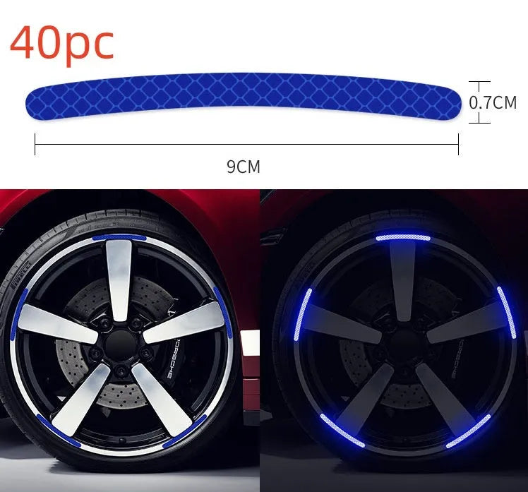Pack of 20 arc-shaped PVC reflective stickers for car wheel hubs in assorted high-visibility colours.