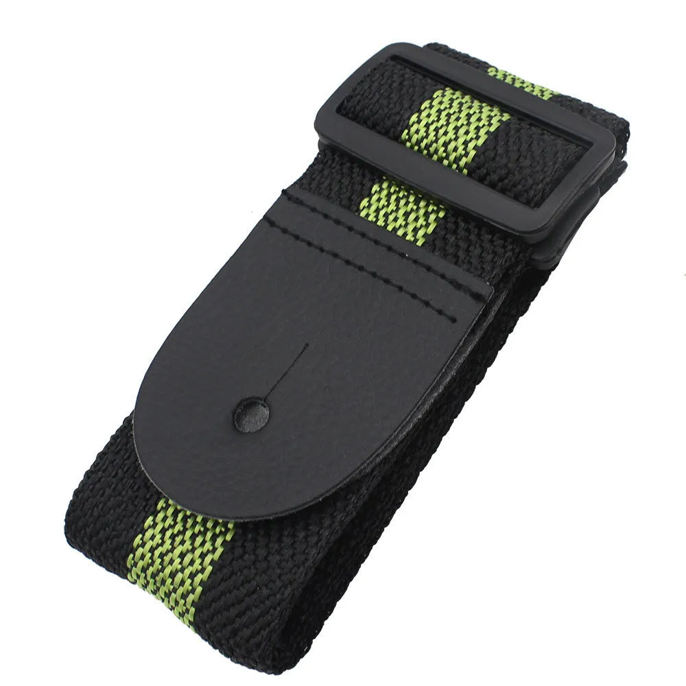 Woven fabric crossbody guitar strap shown in army green, adjustable for electric, bass, acoustic and ukulele.