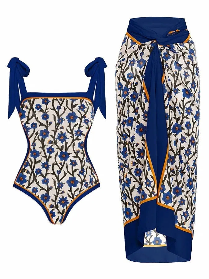 Women's printed chiffon two-piece swimsuit set with matching hip skirt in floral design