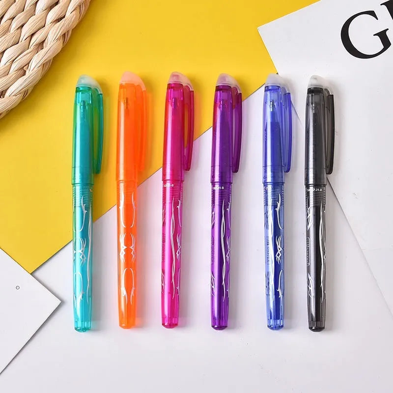 Set of heat-erasable gel pens in multiple colours with choice of 0.5mm or 0.7mm stainless steel nib tips.