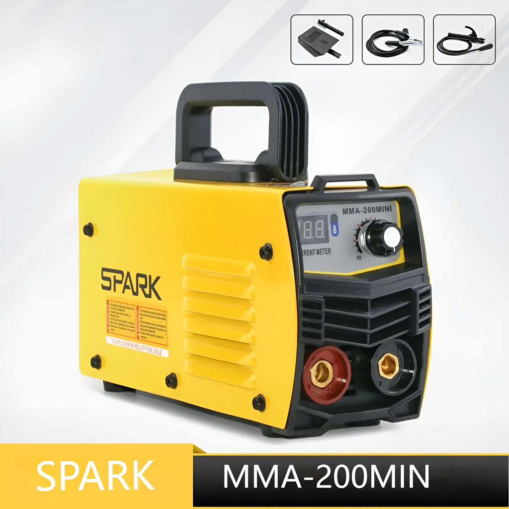 MMA-200MIN DC welding machine with welding tongs, grounding clamp, face shield and brush hanger