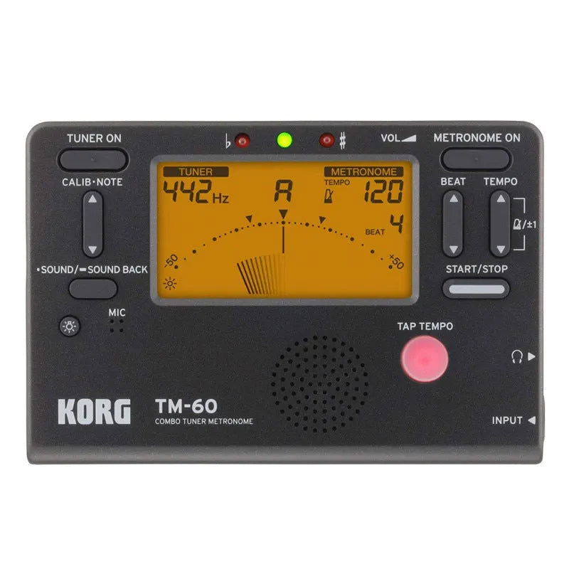 TM-60 digital metronome tuner in black or white plastic shell.