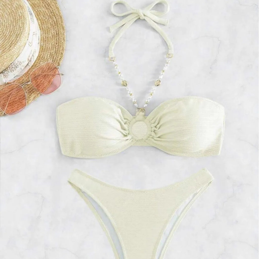 Women's halter beach bikini set in solid colour with brief style for swimming