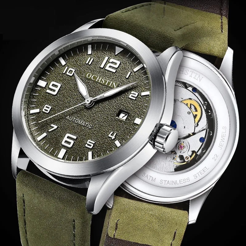 Men's automatic mechanical watch with leather strap in business style showing four colour variations