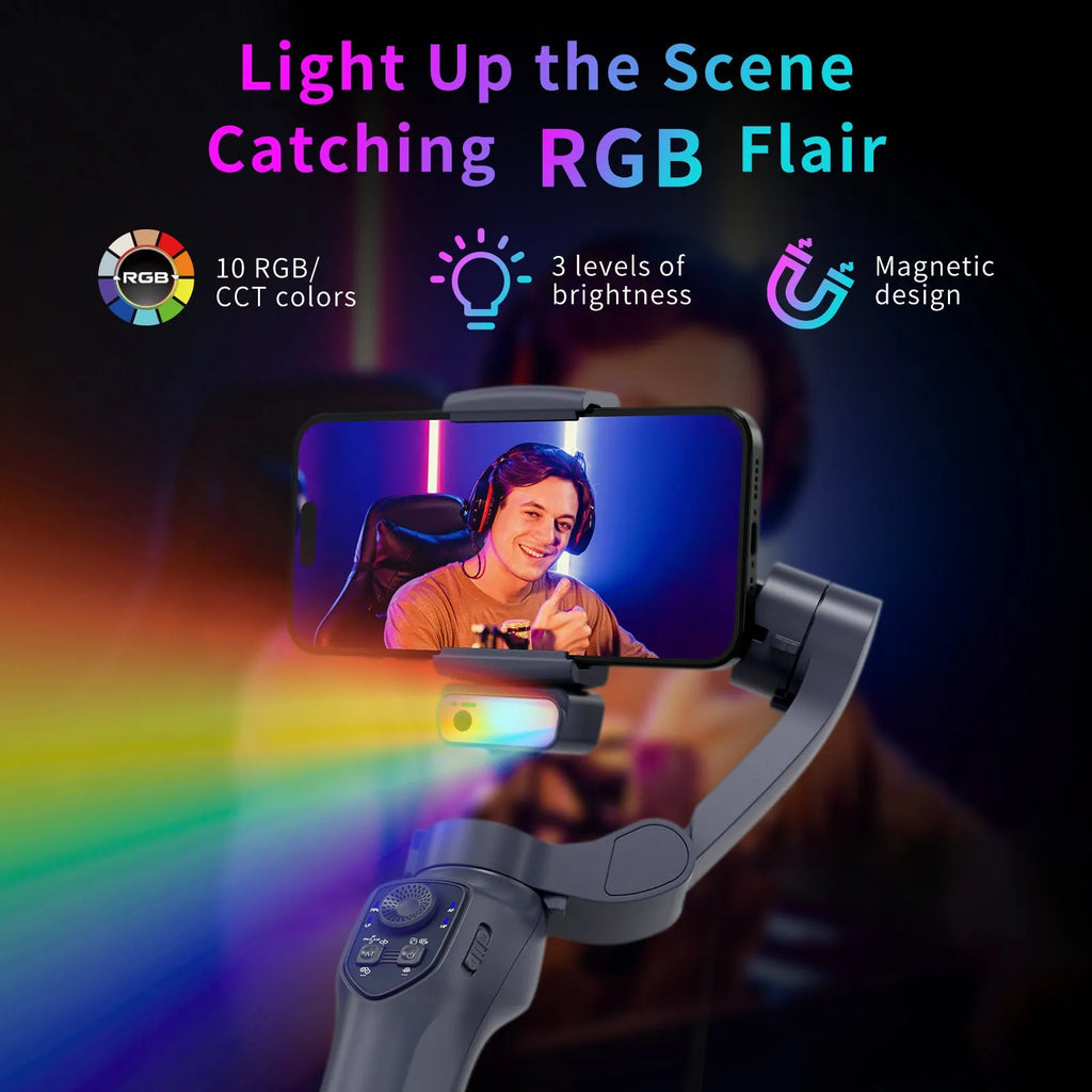 Gun colour L7Cpro foldable handheld camera stabilizer with AI-RGB showing USB charging port