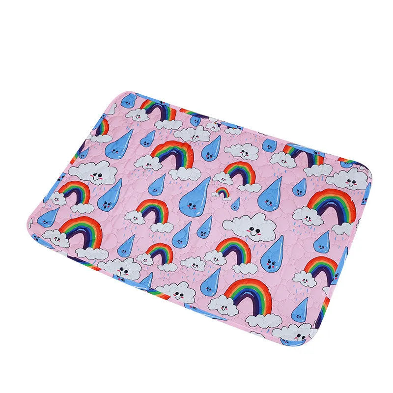 Reusable washable pet urine pad with colourful animal print design on cloth with waterproof base.