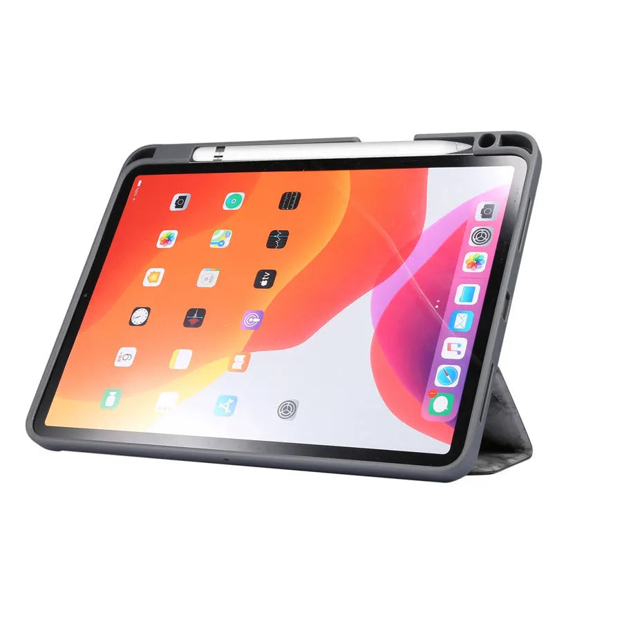 Dark gray tri-fold leather iPad case with magnetic closure and Apple Pencil slot, shown in stand mode.