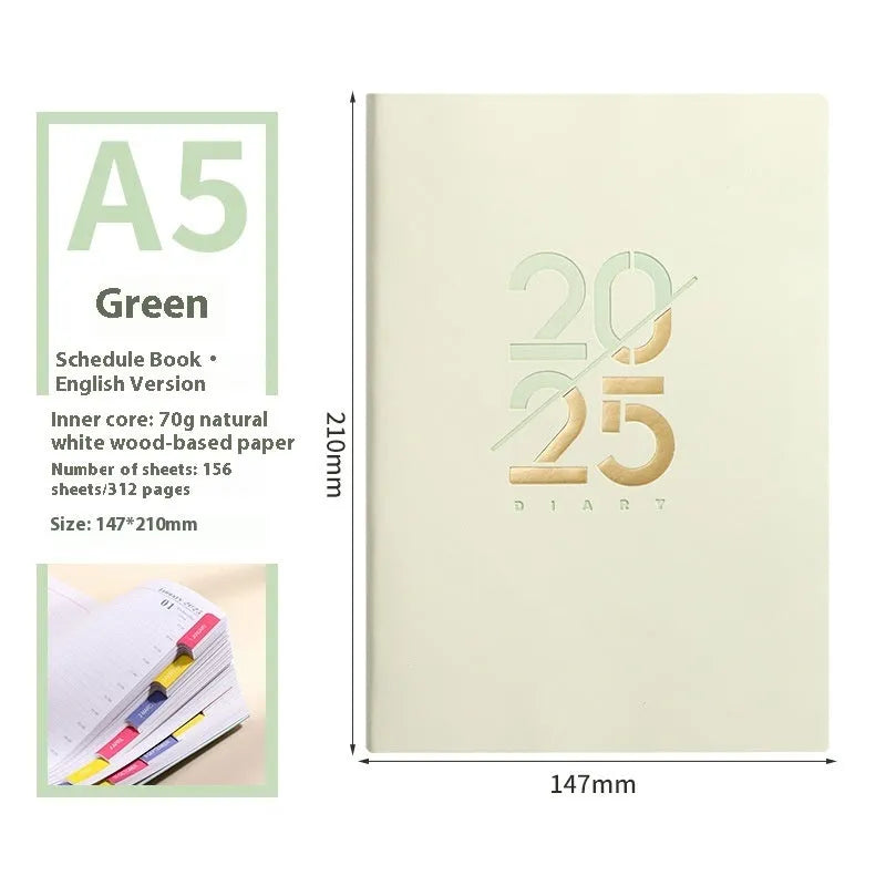 A5 daily planner with soft faux leather cover open to show dot grid pages