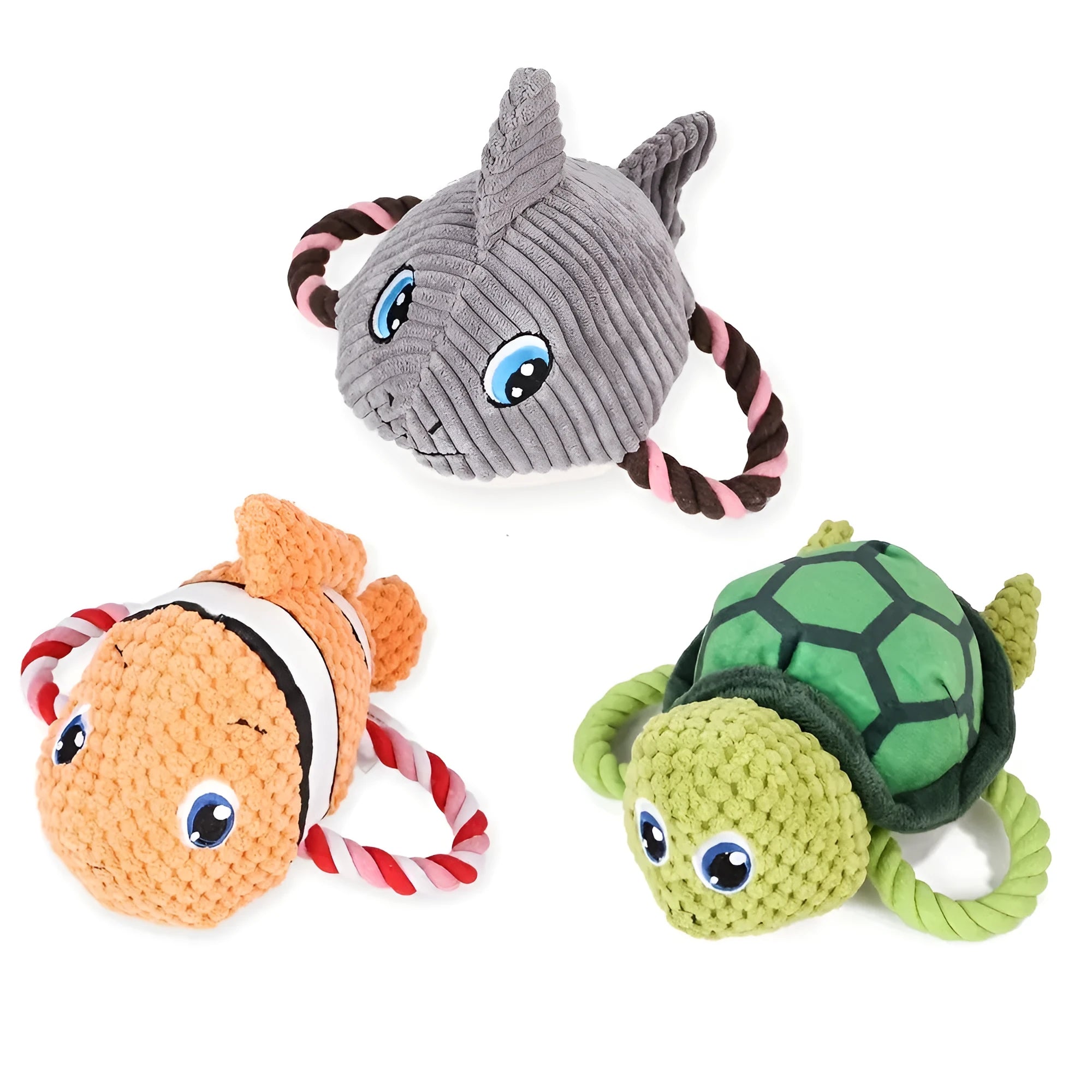 Grey, green, and orange turtle-shaped dog plush toy with a visible textured rope knot centre.