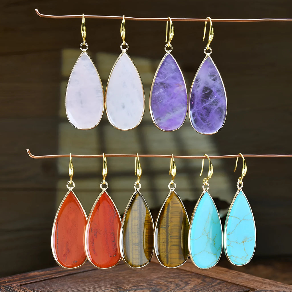 Vintage long water drop stone earrings in five natural colours including pink crystal and amethyst