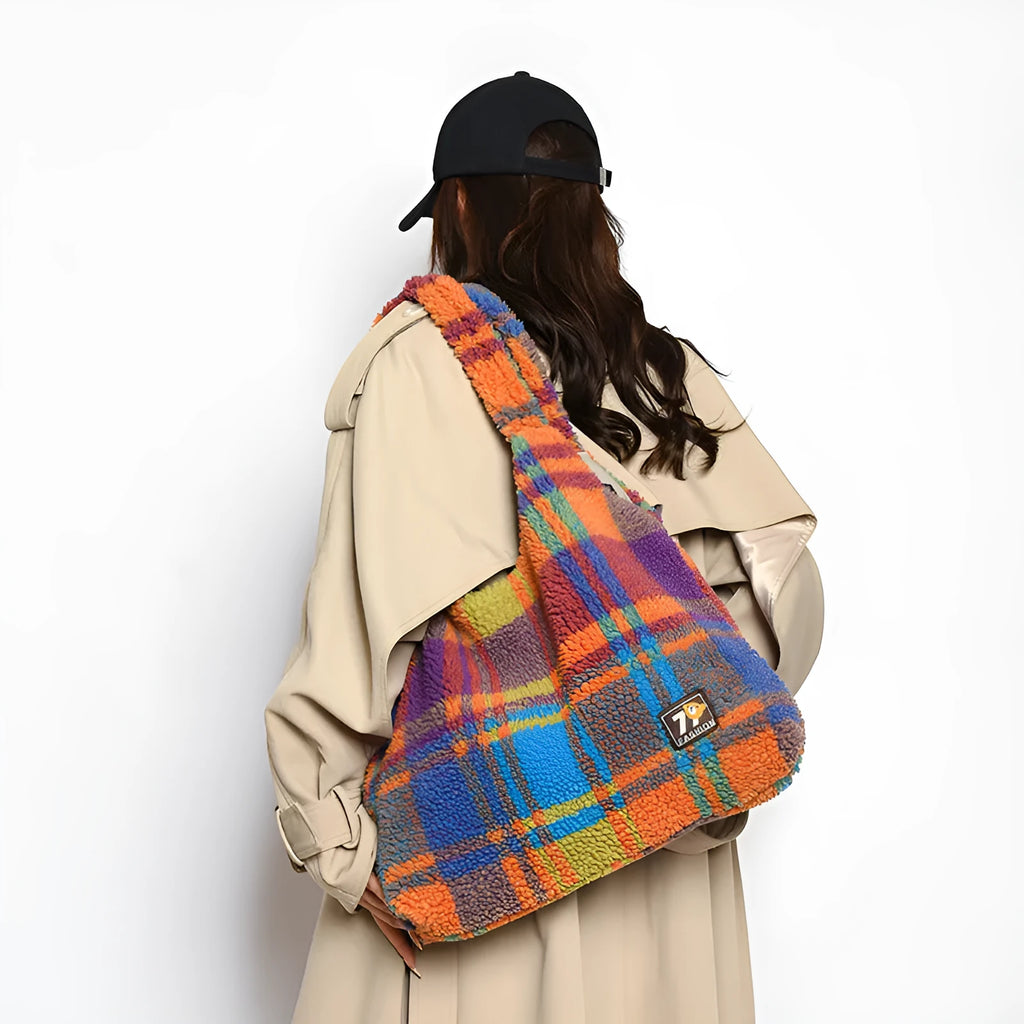 Army green plaid plush women's crossbody tote bag showing large capacity and zip interior.