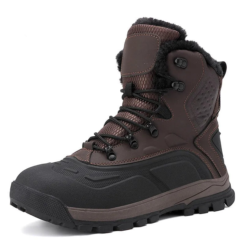 Men's black high-top lace-up boots with fleece lining, shown on a size 45 foot.