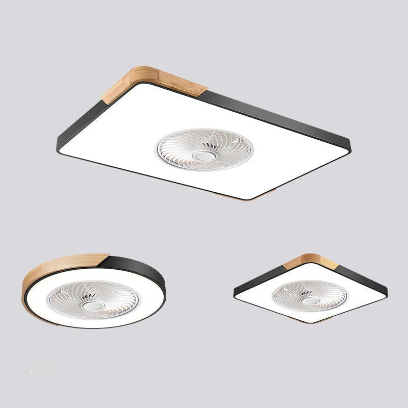 Nordic ceiling fan and light combination fixture with solid wood base in rectangular, round, or square options