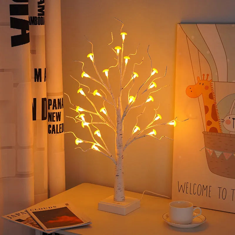 60cm tall LED mushroom tree lamp with 24 white flowers on birch design, warm white lighting