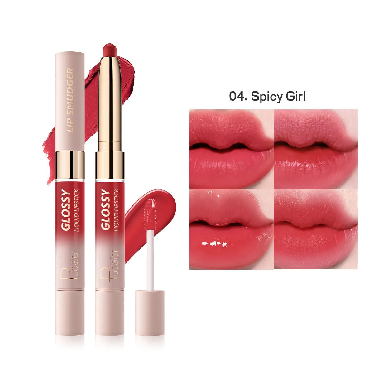 Double-headed lipstick and lip gloss in matte finish showing 10 colour options numbered 01 to 10