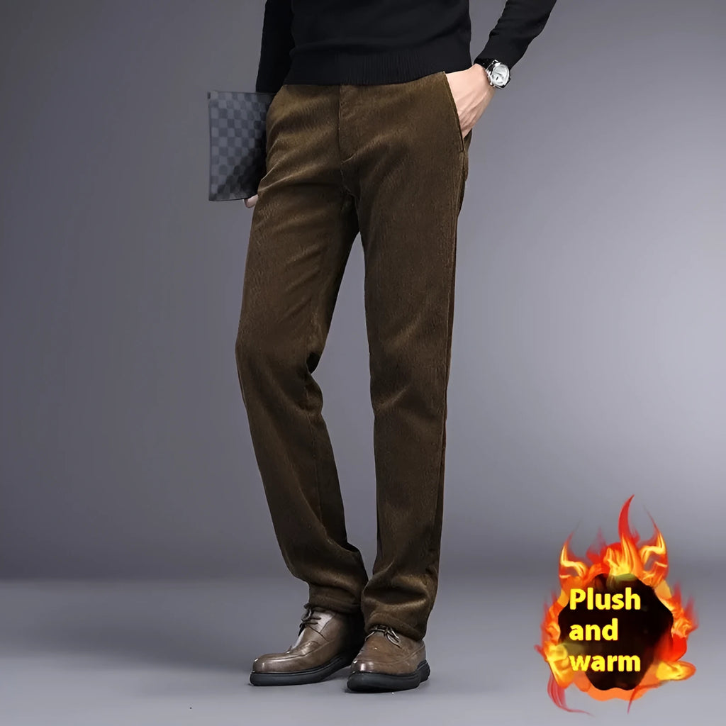 British retro striped straight leg trousers in chemical fibre blend fabric shown in khaki colour