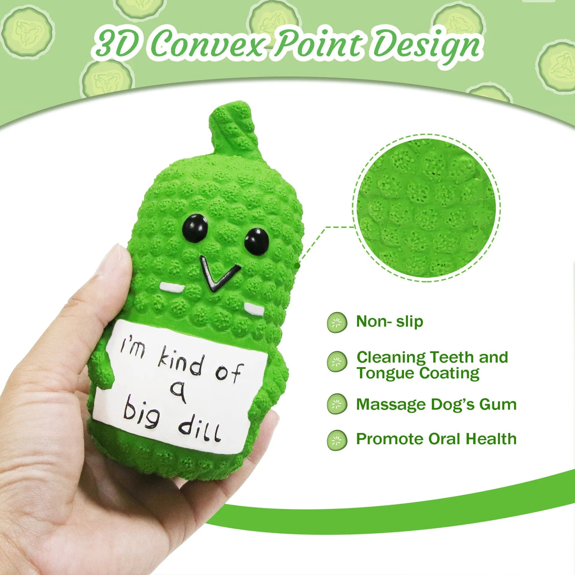 Green pickle-shaped squeaky latex dog chew toy with textured nubs on a white background.