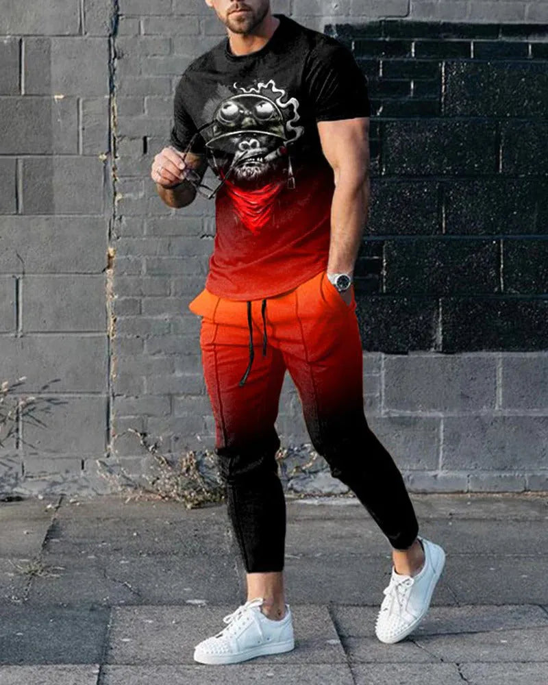 Men's short-sleeved printed pullover and matching trousers casual suit set