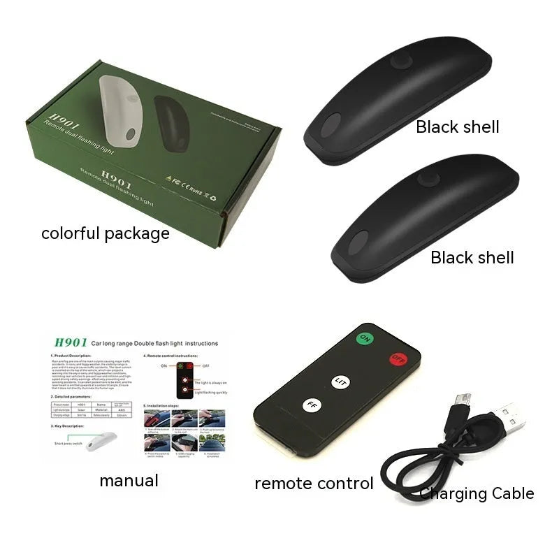Black remote-controlled car strobe light with wireless remote for anti-collision visibility enhancement