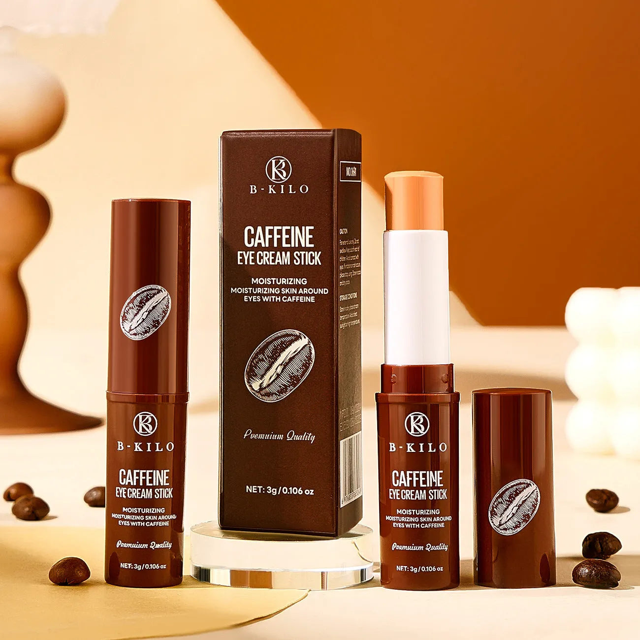 Caffeine eye cream stick in twist-up tube for dark circles and fine lines with 3g net content