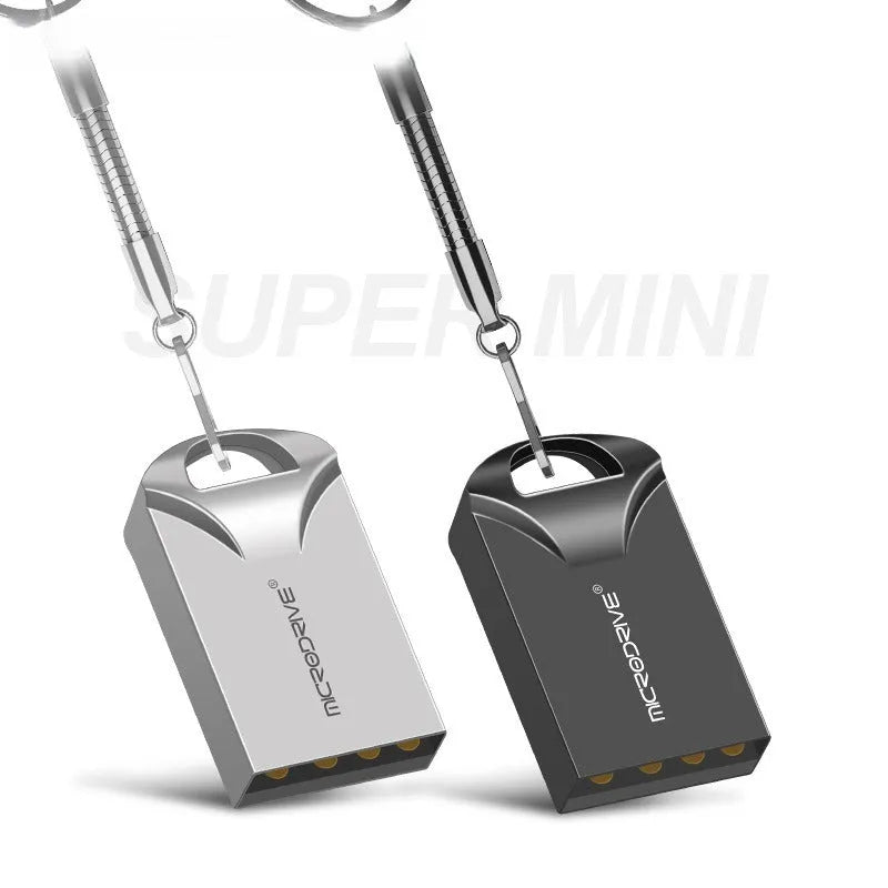 Mini metal USB flash drive in black and silver colours showing compact size
