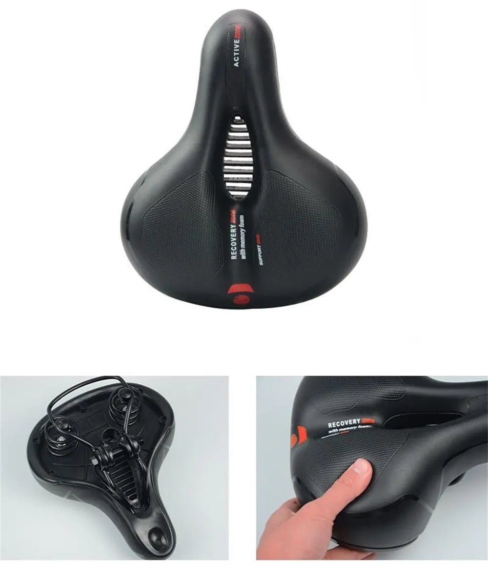 Bicycle saddle cushion with silicone gel insert, waterproof PU leather cover, steel bow frame, and included wrench and tire patch kit