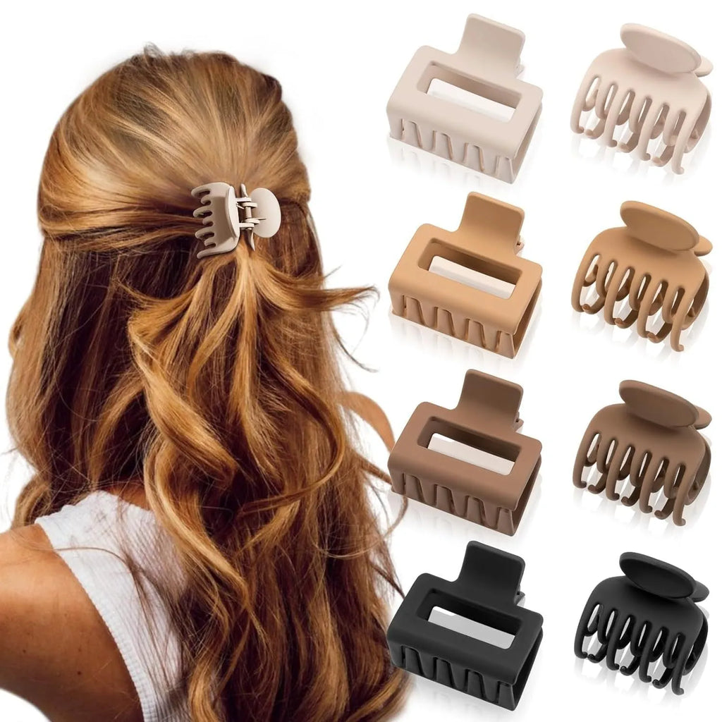 Six rose red plastic hair clips with frosted grip and pointed toe design