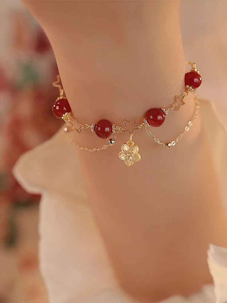 Red agate double layer bracelet with handcrafted peach blossom floral design