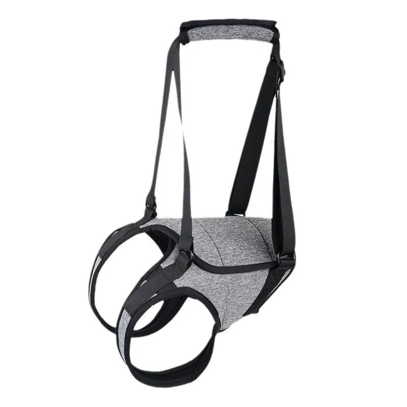 Grey neoprene dog recovery belt with adjustable waist and thigh straps for rear leg support