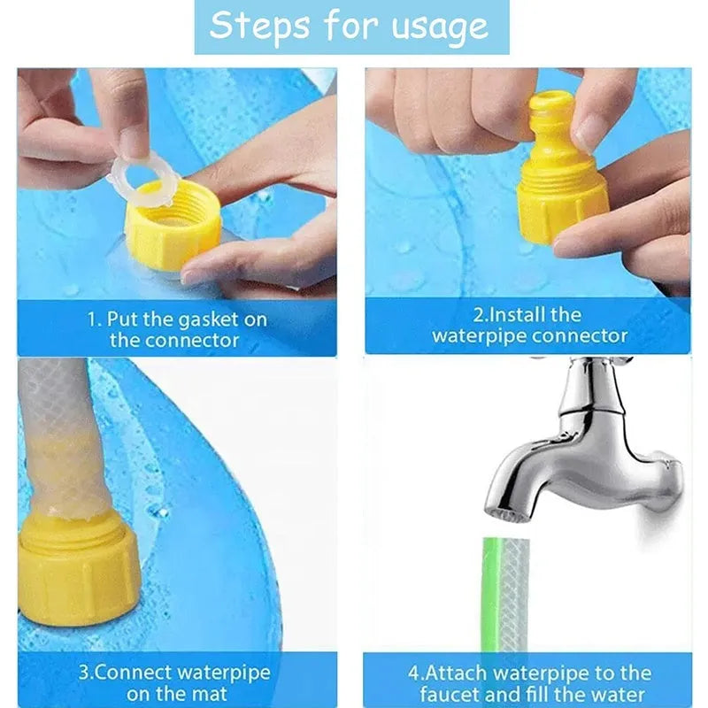 Inflatable blue dog sprinkler pool mat with anti-slip texture, connected to a garden hose in a garden.