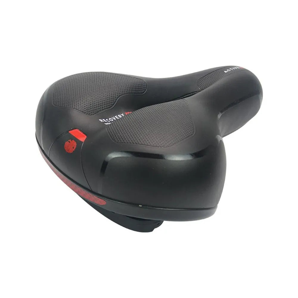 Bicycle saddle cushion with silicone gel insert, waterproof PU leather cover, steel bow frame, and included wrench and tire patch kit