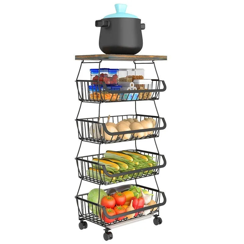 Black six layer kitchen storage trolley with foldable carbon steel frame and modern design