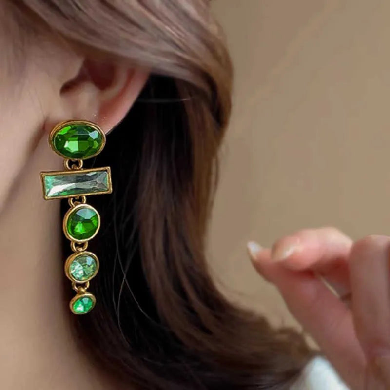 Green gradient alloy earrings with geometric tassel design and inlaid zircon details