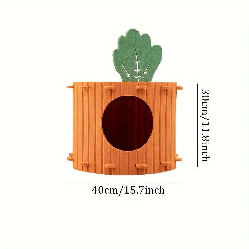 Carrot-shaped felt cat tunnel nest showing semi-enclosed design with two size options