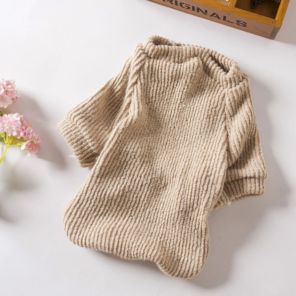 Brown cloth pullover sweater for small breed dogs on mannequin showing casual style