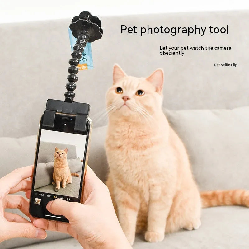 Black plastic pet selfie stick with treat clip extended to 15cm for mobile phone photography