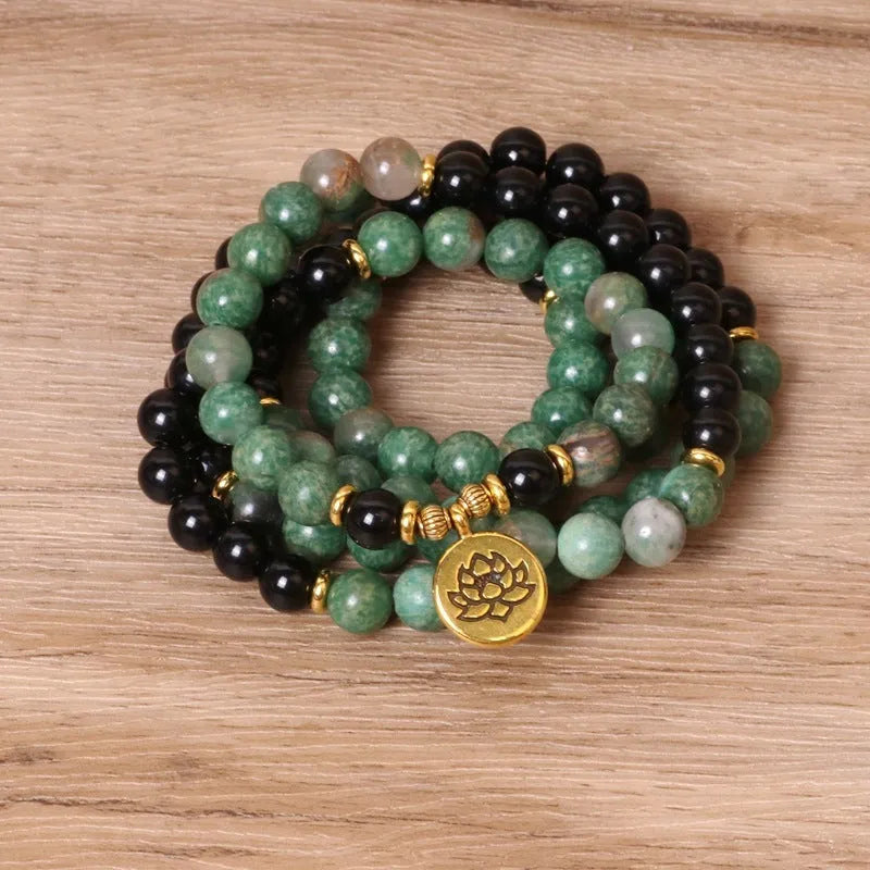 Green and black elastic beaded long bracelet made from alloy in natural style