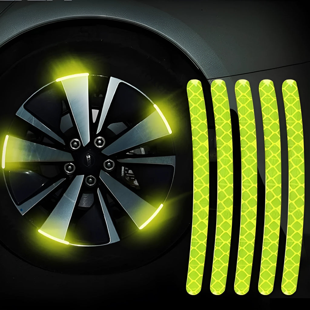 Pack of 20 arc-shaped PVC reflective stickers for car wheel hubs in assorted high-visibility colours.