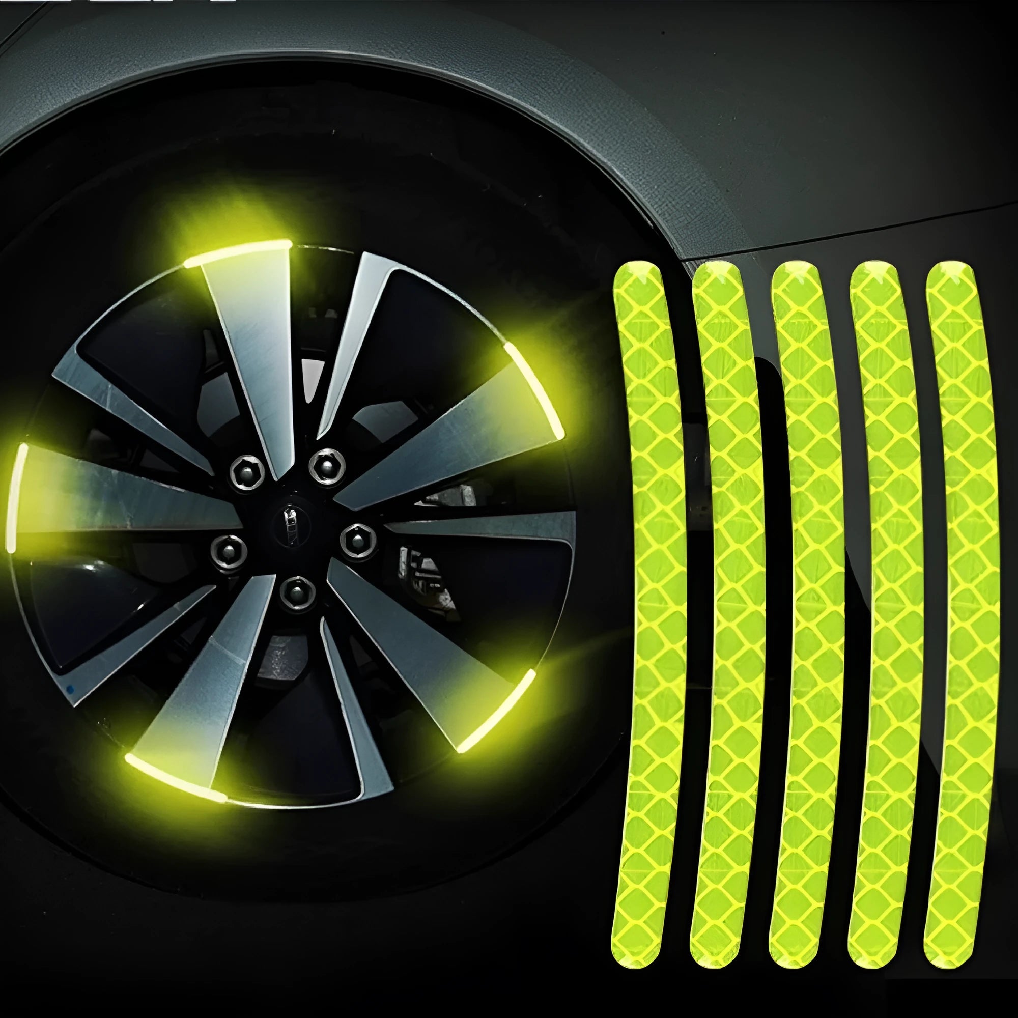 Pack of 20 arc-shaped PVC reflective stickers for car wheel hubs in assorted high-visibility colours.