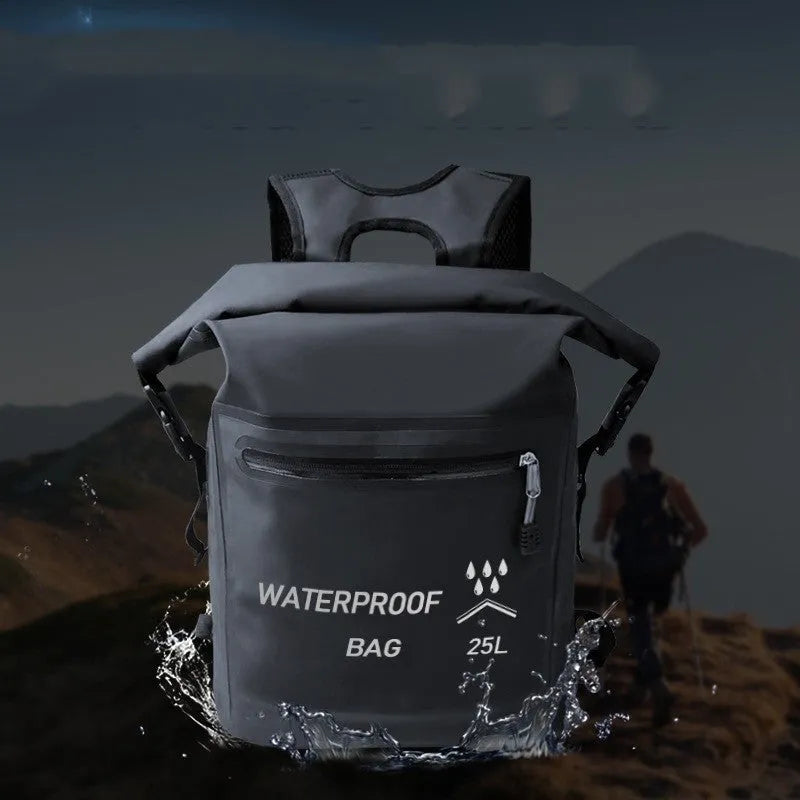 Black 25-litre waterproof backpack with 500D mesh construction for outdoor water sports.