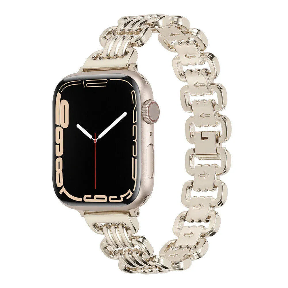 Alloy metal Apple Watch replacement bracelet in silver, black, gold, rose gold, and Starlight colours.