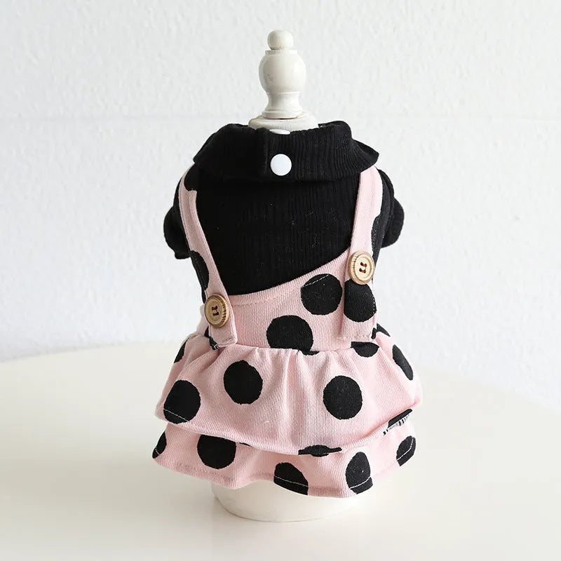 Pet clothing with lapel shoulder straps in couple design, available in four-legged and skirt styles