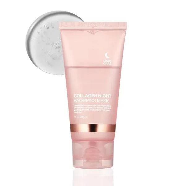 75ml bottle of collagen face night mask with application brush for evening skin care.