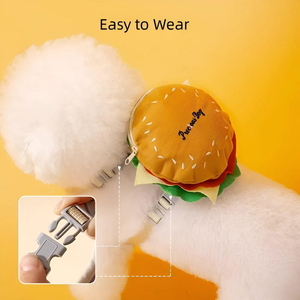 Cartoon hamburger print adjustable vest leash harness for a dog, connected to a walking rope.