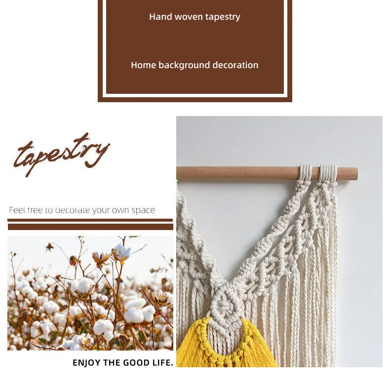 Nordic style woven cotton tapestry in creamy white with yellow accents, rectangular shape measuring 120cm by 95cm