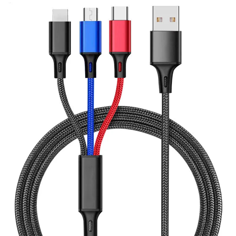 Braided 3-in-1 universal USB data cable in multiple colours, showing iPhone, Android, and Type-C connectors.