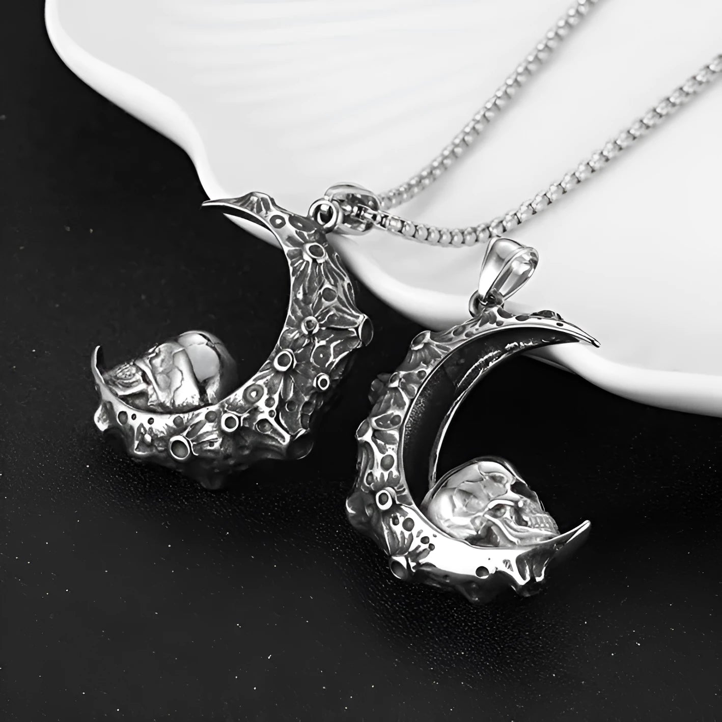 Men's silver skull pendant necklace on stainless steel chain with six design options